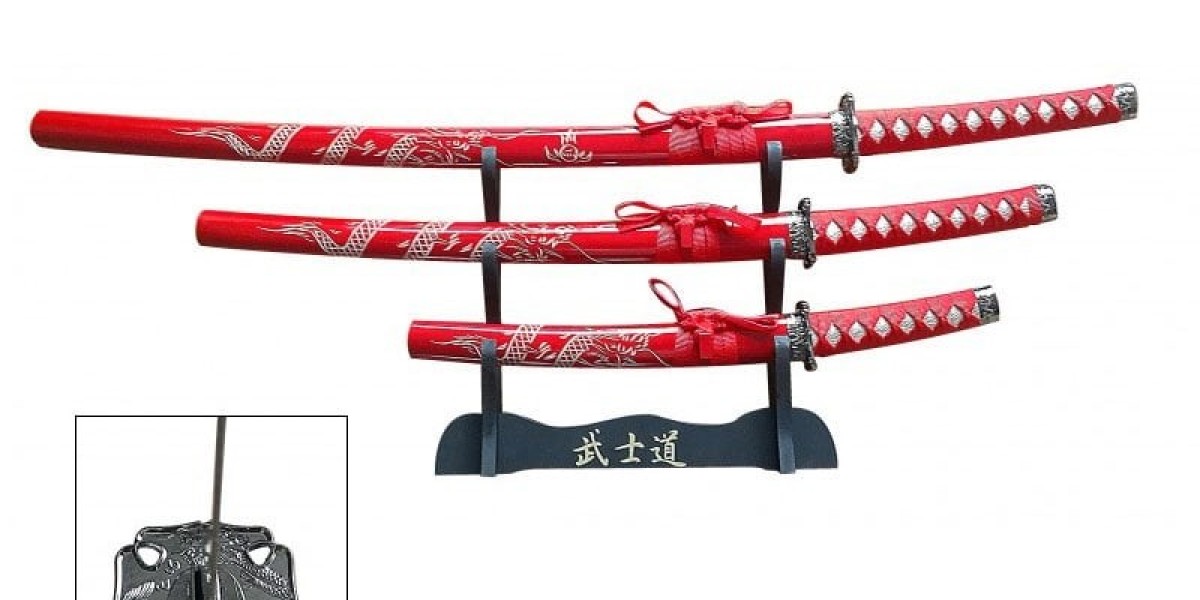 Red 3 Pcs Dragon Samurai Katana Sword Set with Stand