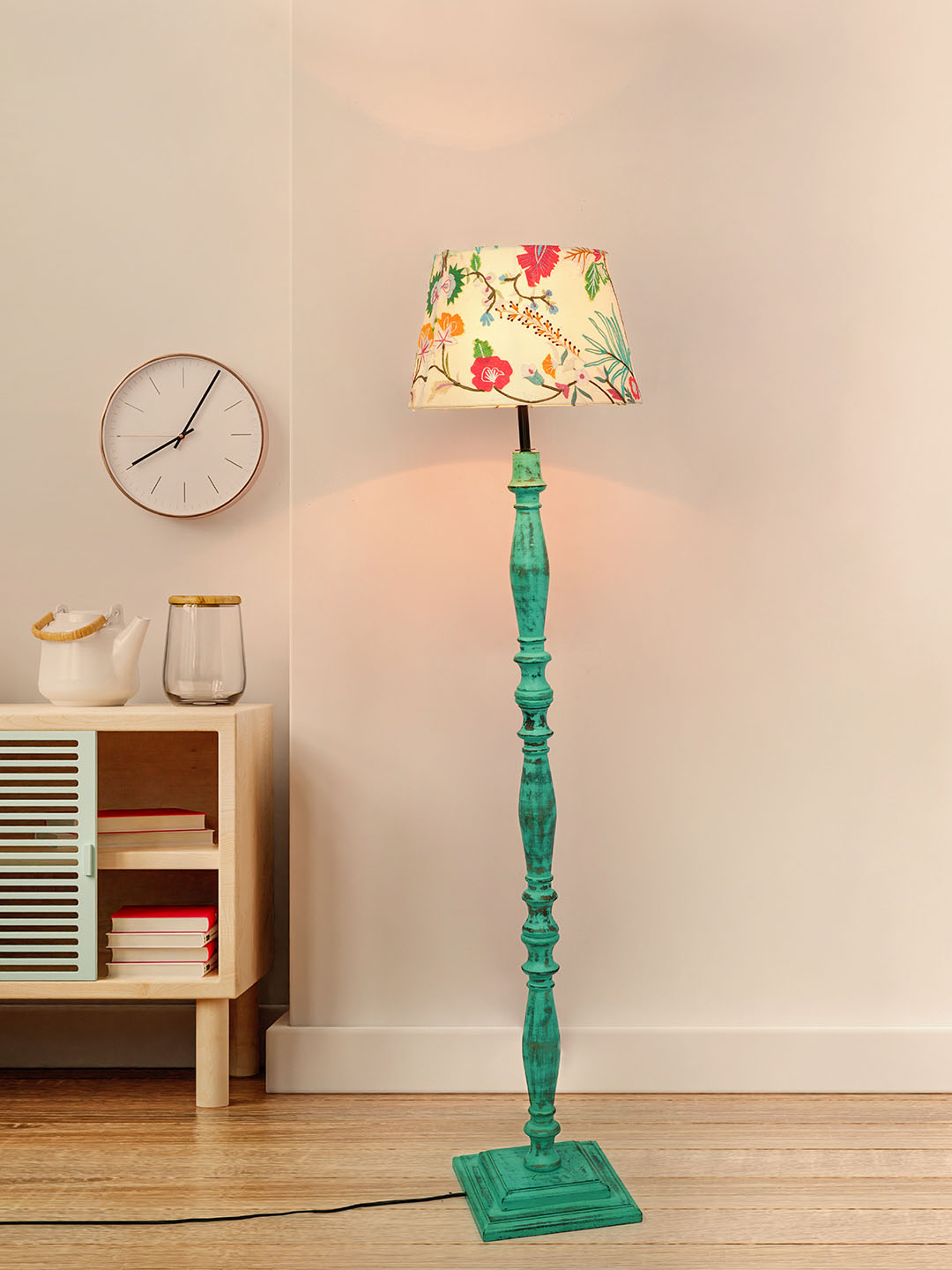 French Farmhouse Style Green Distress Wooden Rustic Floor Lamp with 14 Inch White Embroidered Fabric Shade