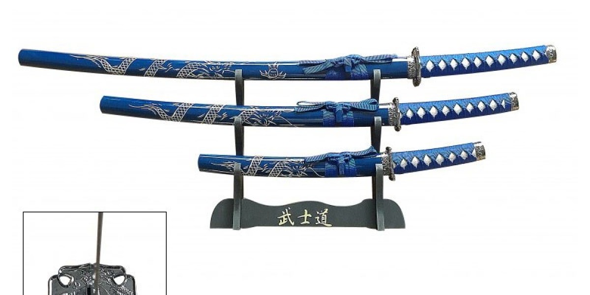 Blue 3 Pcs Dragon Samurai Katana Sword Set with Stand