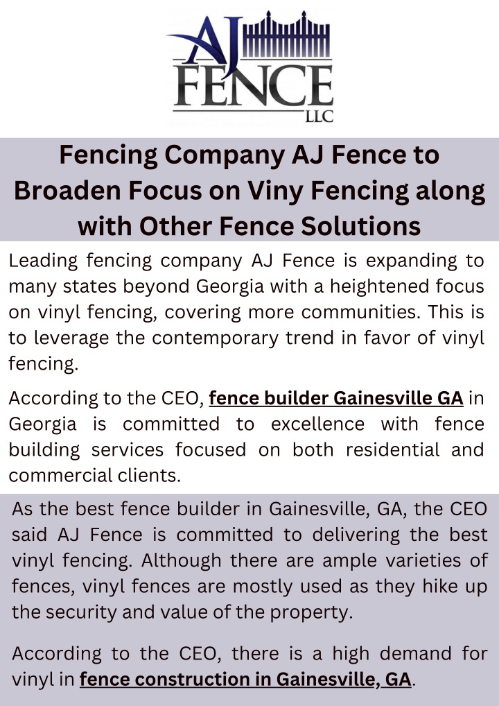 PPT - Fencing Company AJ Fence to Broaden Focus on Viny Fencing along with Other Fence PowerPoint Presentation - ID:13730565